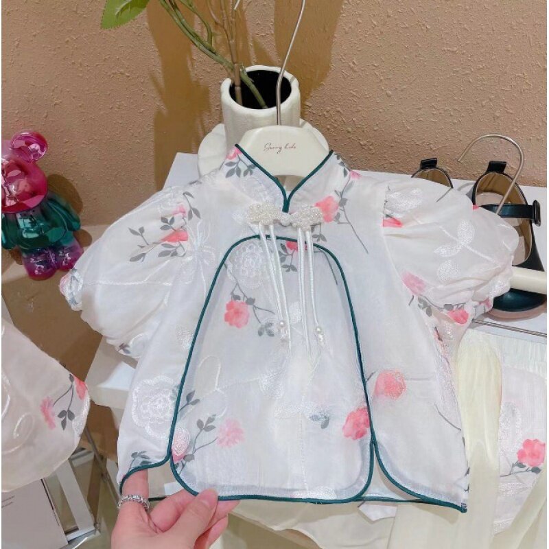 Girls' New Product2024Summer Children's National Style Bubble Sleeve Flower Stand Collar Suit Vintage Floral Dress-WSNY