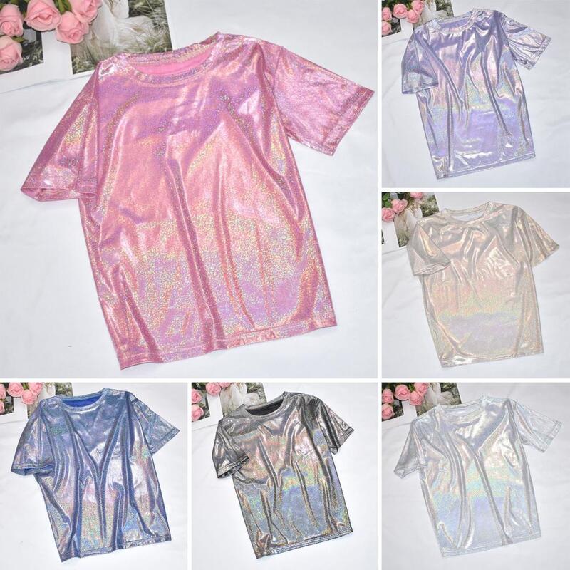 Hochglanz-Oberteile Hochglanz-Glitzer-Damen-T-Shirt mit lockerer Passform, stilvoller Rundhals-Kurzarm pullover für Nachtwäsche für Damen