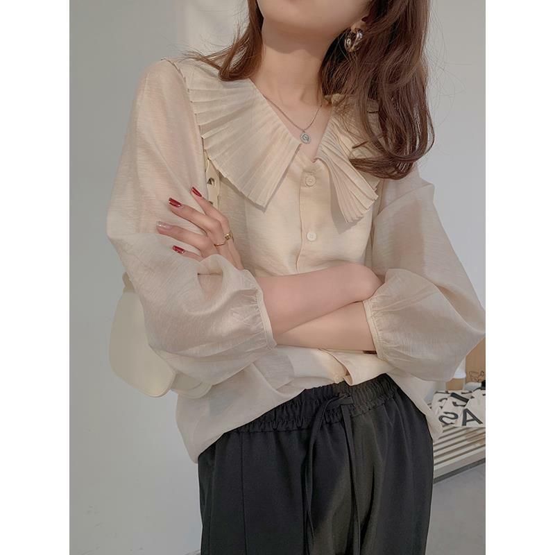 2024 Summer Women's New Patchwork Peter Pan Collar Button Fashion Casual Solid Puff Sleeve Loose Long Sleeve Blouses Shirts