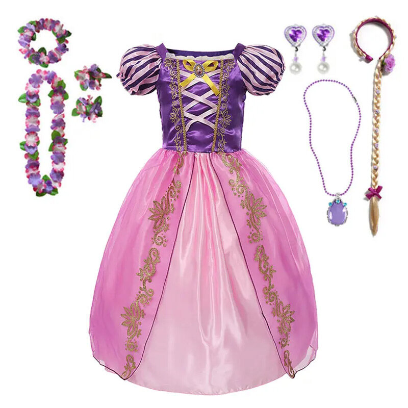 디즈니 라푼젤 공주 드레스 어린이 생일 카니발 할로윈 파티, 멋진 소녀 옷, 코스프레 얽힌 의상 세트
