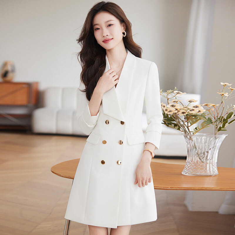 NewSpring Autumn White Black Blazer Women Mid Long Double Breasted Office Ladies Jacket Business Work Wear Formal Coat Outerwear