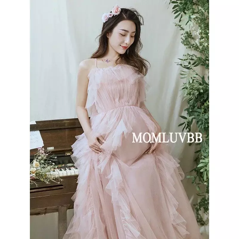 Gaun fotografi wanita, Gaun untuk sesi pakaian ibu hamil elegan warna merah muda untuk pernikahan baju potret Studio