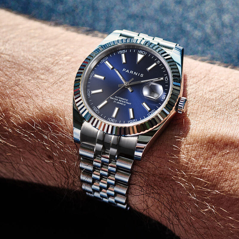 Relógio mecânico automático para homens, pulseira de aço inoxidável, mostrador azul, calendário, nova moda, 39,5mm