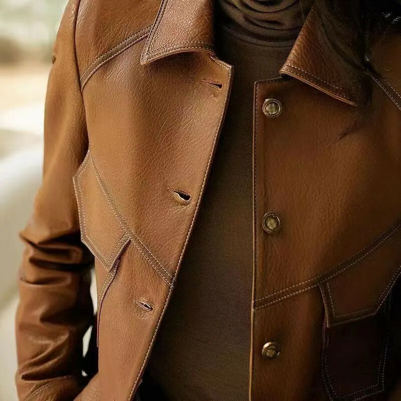 2024 New Lapel collar Leather Jacket For Women Spring Autumn Short Design Slim Locomotive Coat Fashion Women's Leather Outerwear