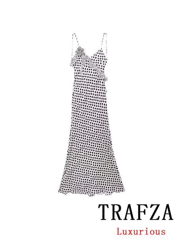 TRAFZA Vintage Chic Sexy Dot Women Dress Beach Flower Long Ruffles Cami Dress New Fashion 2024 Summer Party Female Dress