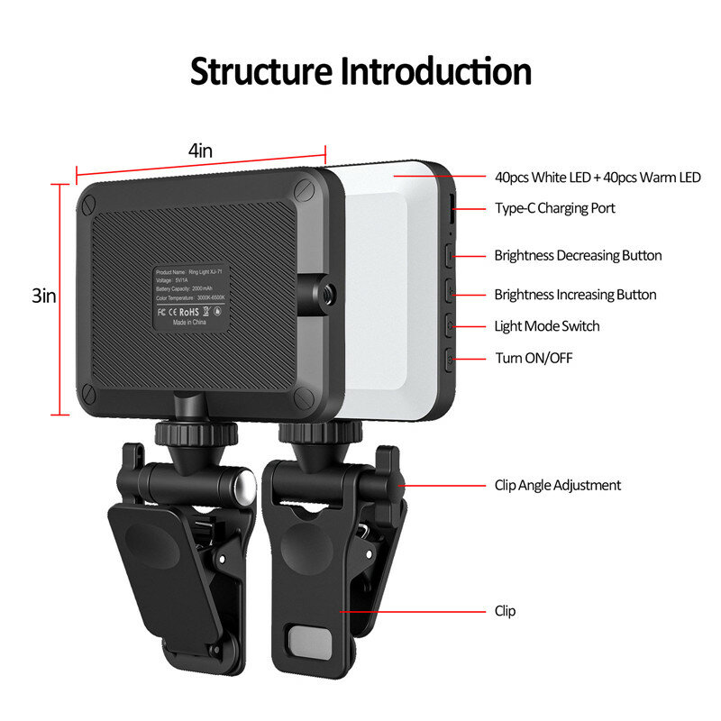 Lámpara de Selfie de bolsillo con luz Led de relleno para IPad, teléfono móvil, ordenador portátil, luz de Video de relleno con Clip frontal y trasero ajustado, 3 modos de luz