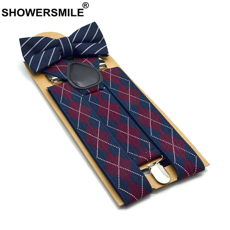 Showersmile-suspensórios com laço, masculino, xadrez, suspensórios, calças, estilo britânico, vintage, para mulheres, camisa, 3.5cm