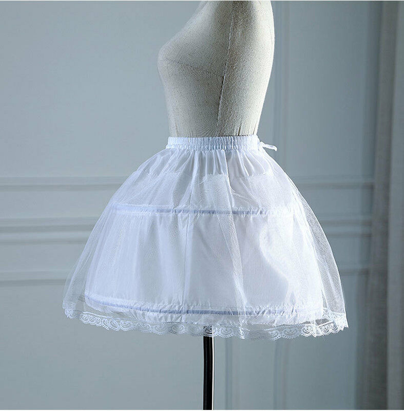 Children Girls 2 Steel Hoops White Petticoat Wedding Gown Dress Underskirt Elastic Waistband Drawstring A-Line Skirt
