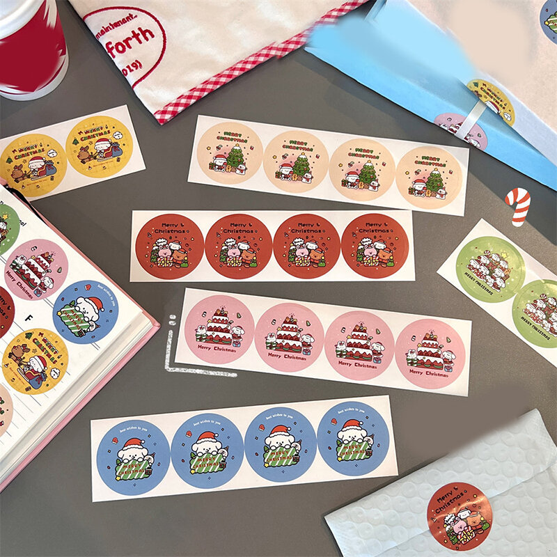 4 buah stiker dekoratif Selamat Natal untuk hadiah pembungkus Natal kartun anjing stiker segel nama Tag stiker dekorasi