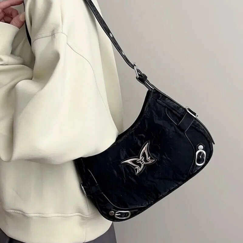 Xiuya Silver Y2k Womens Shoulder Bag Casual Aesthetic Literary Korean Style Fashion Handbag Summer Butterfly Leather Armpit Bag