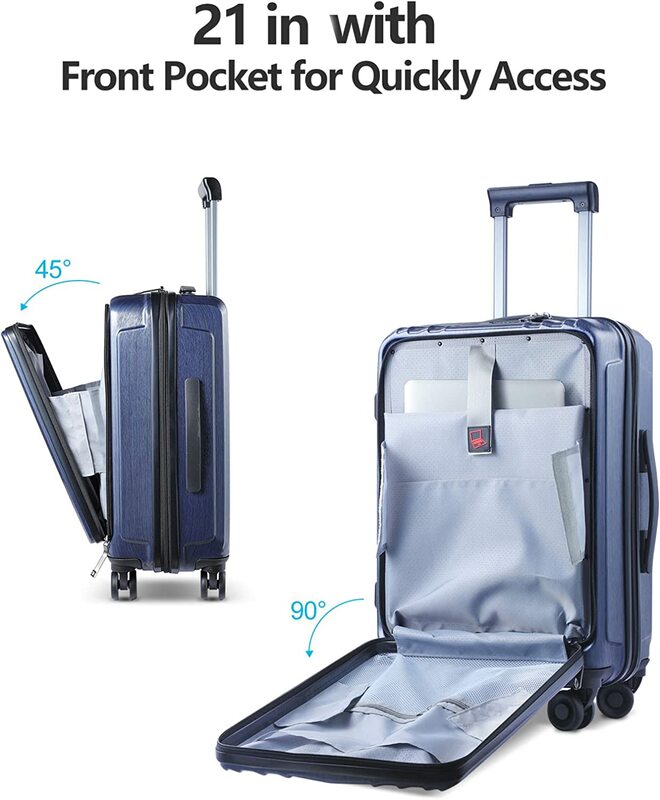 Juego de equipaje de 3 piezas, 21/24/28, bolsillo frontal para portátil y ABS expandible + PC, maleta rígida ligera, ruedas giratorias, bloqueo TSA azul
