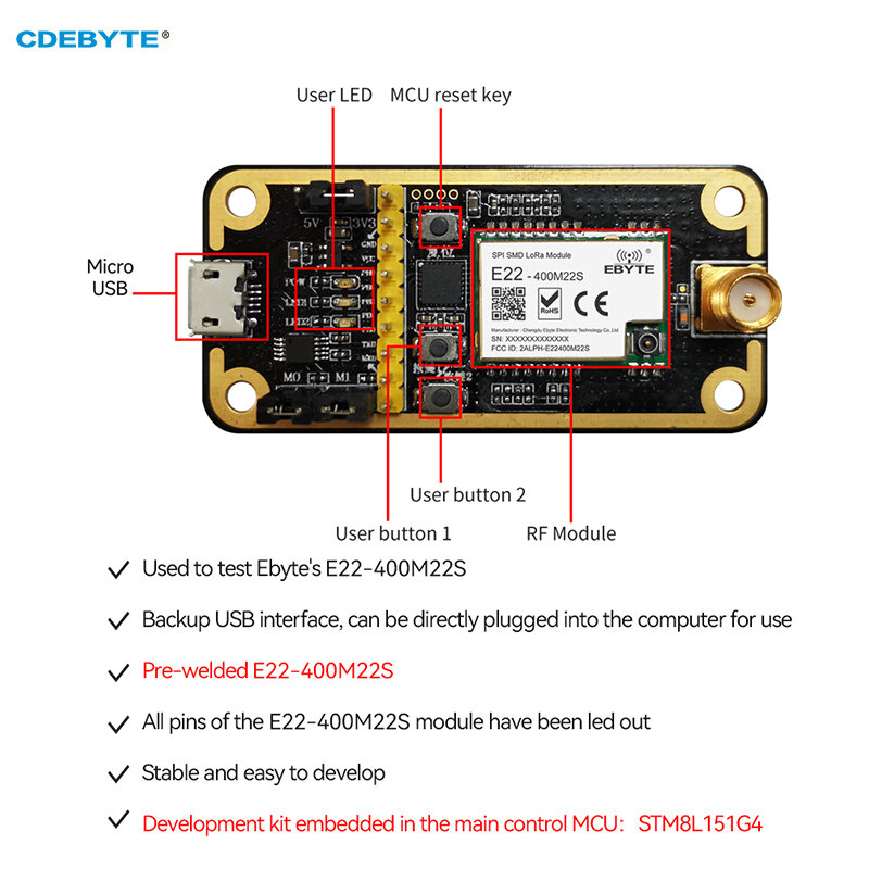 Interface USB Test Board Kit para Módulo LoRa sem fio, compatível com E07, E30, E220, E32, E22, 22dBm, 7km, E22-400mBL-01, E22-400M22S