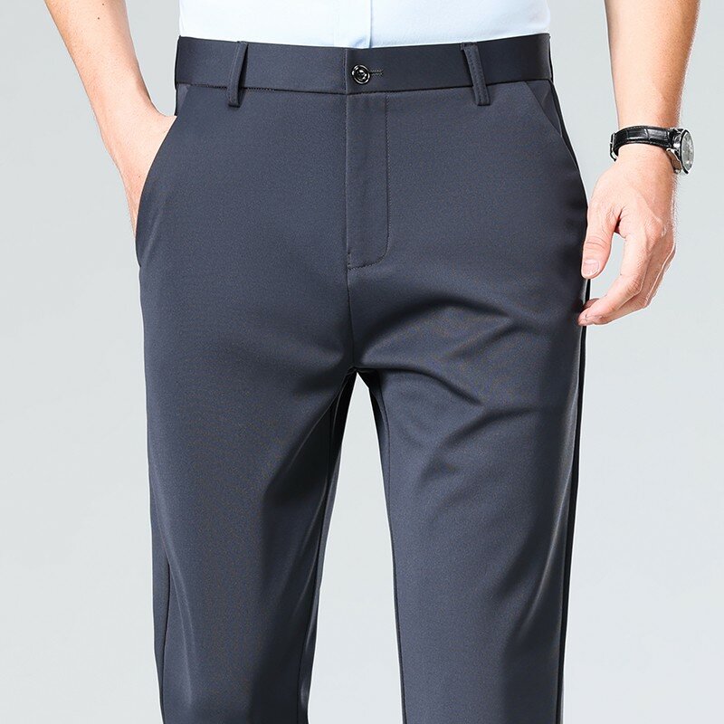 ชุดสูทธุรกิจลำลองแบบบางกางเกงสำหรับหน้าร้อนสำหรับผู้ชายกางเกงขายาวทรงตรงแขนตรงยางยืดสำหรับผู้ชาย
