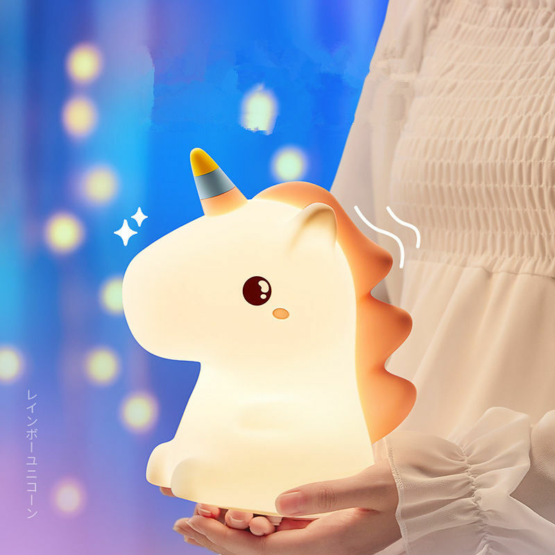 Lindo unicornio de silicona LED luz nocturna recargable por USB, lámpara de noche táctil de animales de dibujos animados para niños, regalo de decoración de dormitorio para niños
