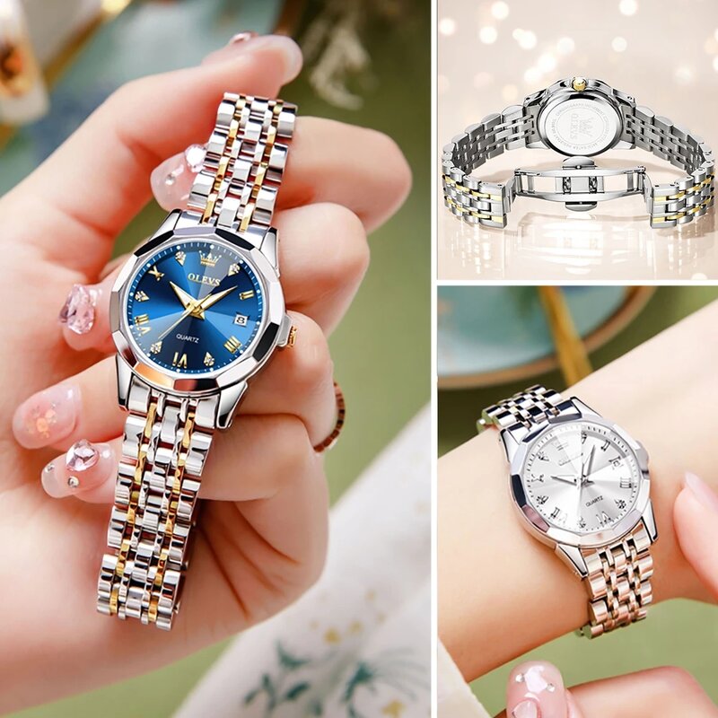 OLEVS นาฬิกาข้อมือสตรี Elegant Rhombus ควอตซ์สุภาพสตรีนาฬิกาข้อมือสแตนเลสกันน้ำส่องสว่างนาฬิกาใหม่