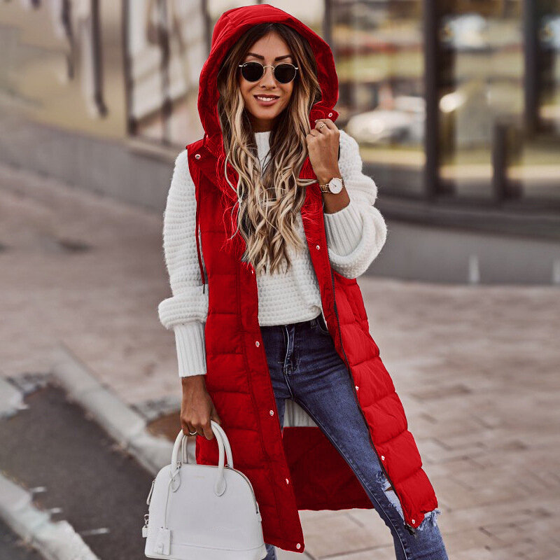 Женская длинная куртка без рукавов с капюшоном, мягкий жилет на молнии, пальто