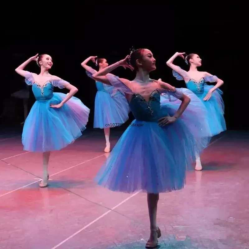 Lange Romantische Ballet Tutu Blauwe Balletjurk Performance Kleding Swan Lake Ballerine Femme Kinderen Meisjes Fee Ballet Kostuum