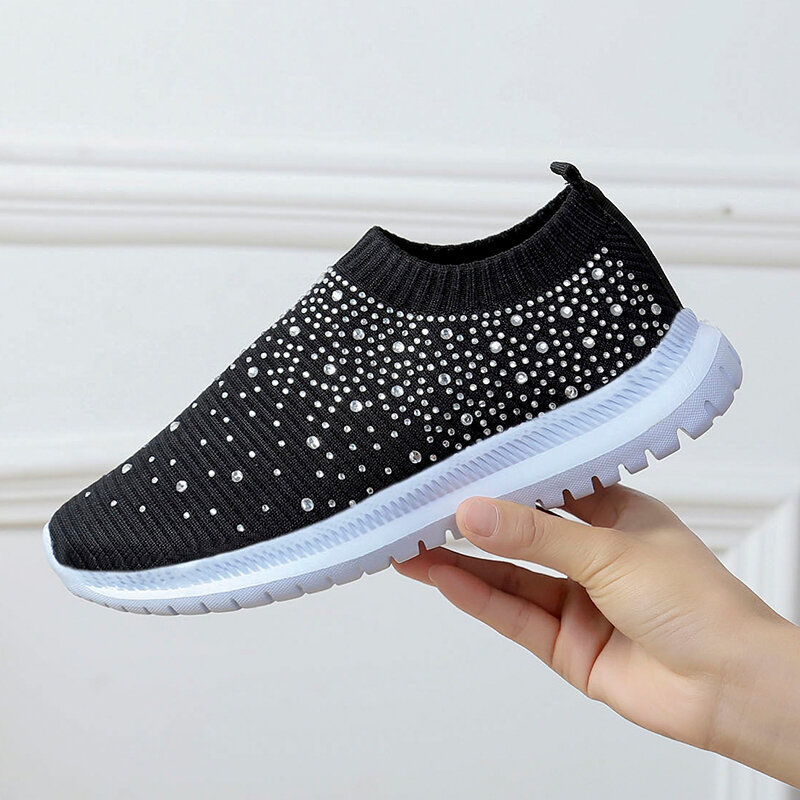 2024 New Women's Mesh Outdoor Walking Shoes Crystal Flash Slip-on Socks Sneakers Tennis Women's Knitted Running Shoes