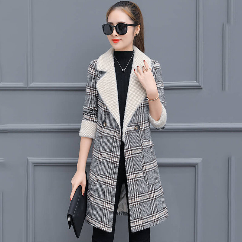 Outono inverno jaqueta feminina agradável pop xadrez misturado casaco de lã moda feminina casual fino casaco de lã outerwear feminino