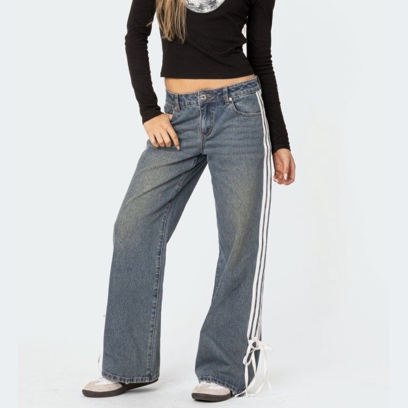 HOUZHOU Y2k Jeans a gamba larga per donna orlo a righe laterali Design con lacci pantaloni in Denim larghi Vintage Streetwear pantaloni in stile coreano
