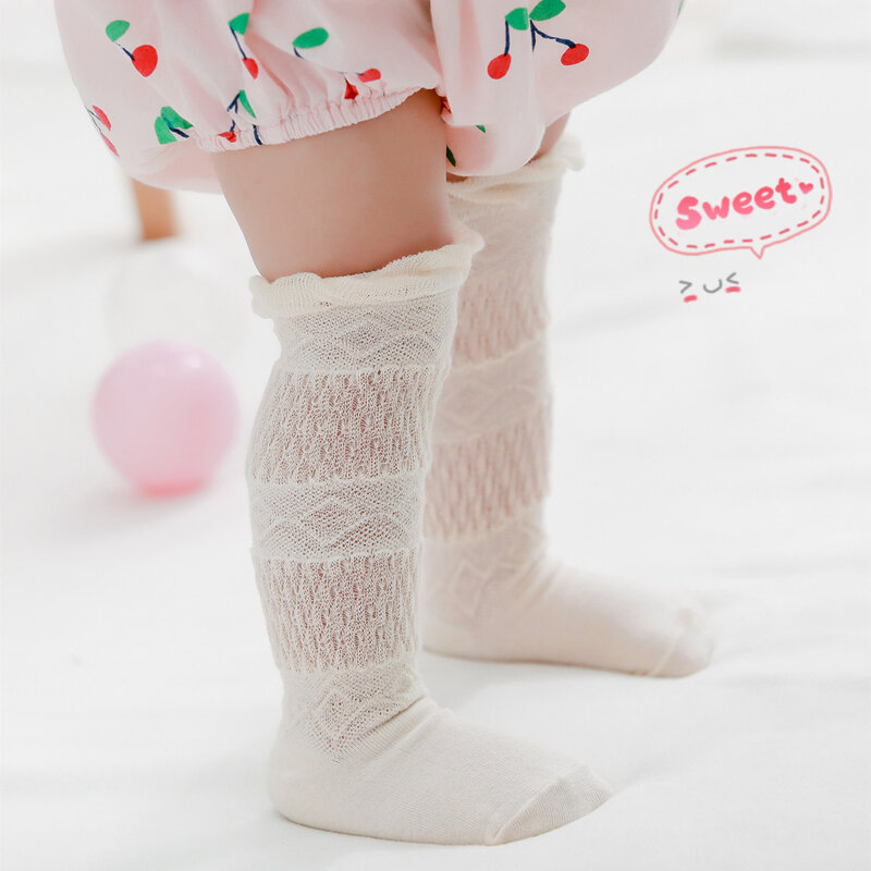 Chaussettes longues au-dessus des genoux pour filles, chaussettes d'été respirantes en maille, à volants, avec nœud mignon, bas anti-moustiques en coton, 0-3 ans