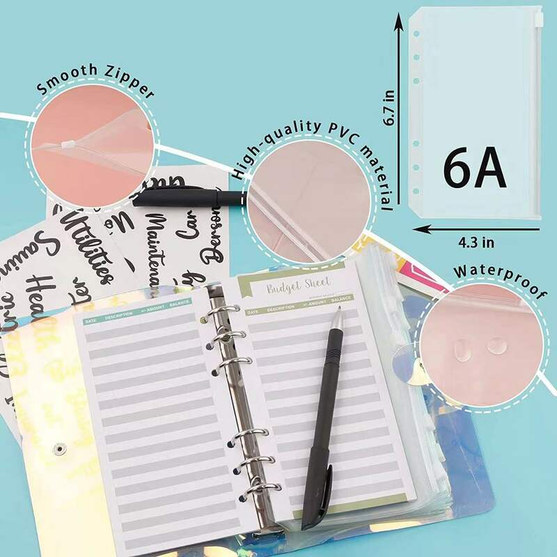 Carpeta de presupuesto A6, sobres de efectivo a prueba de agua, sistema organizador de cuaderno con 10 bolsillos con cremallera, 12 hojas de presupuesto y etiquetas adhesivas