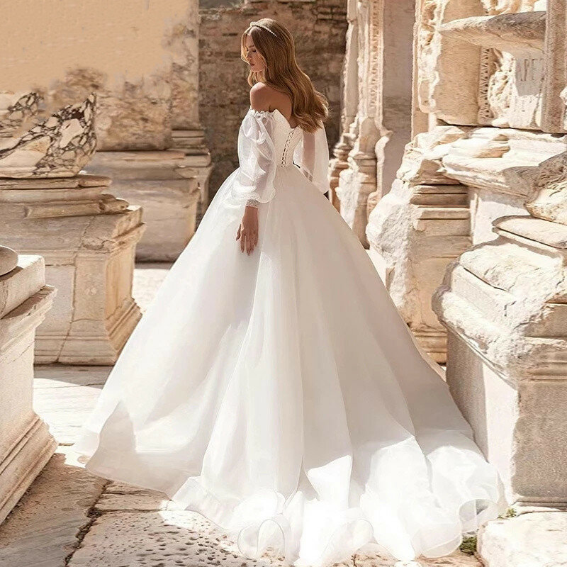 LoveDress gaun pernikahan lengan Puff 2024 renda Boho bahu terbuka gaun pengantin Tulle gaun pesta lipit punggung terbuka jubah De marifee
