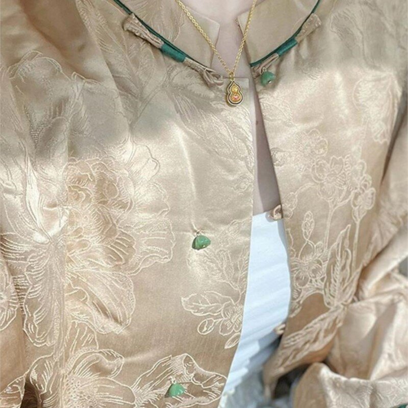 Atasan Wanita gaya Tiongkok, atasan unik mesin Khaki, mantel kancing simpul bordir