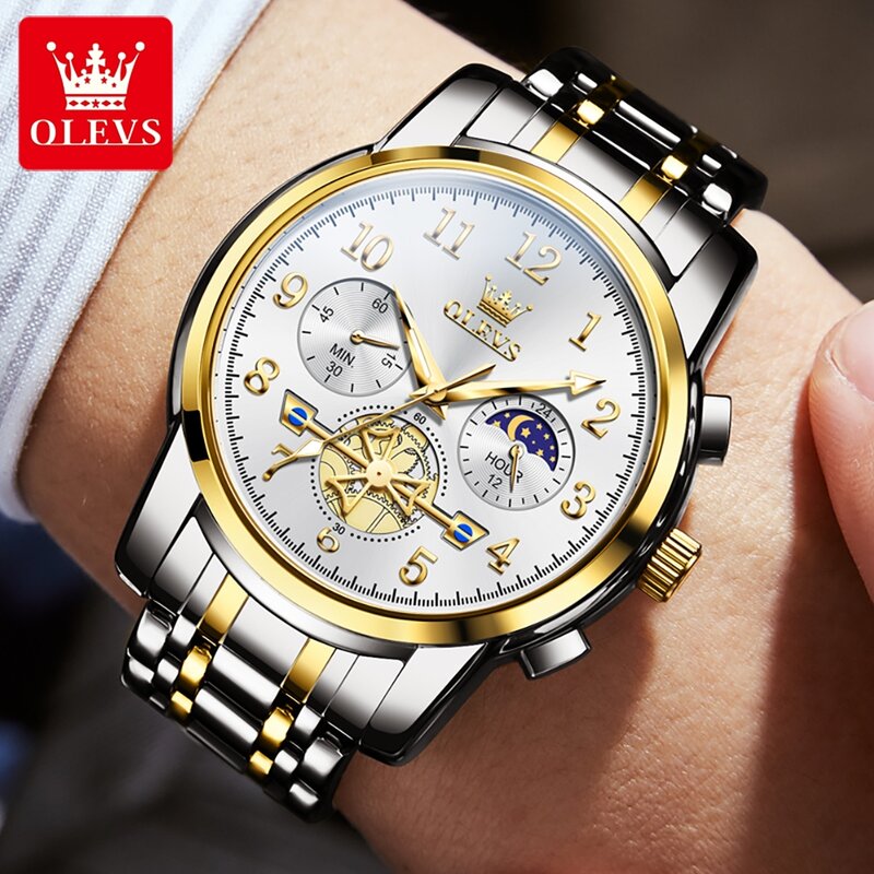 Olevs-男性用フライホイールデザイン高級クォーツ時計、デジタルダイヤル、ムーンフェーズ、クロノグラフ、防水、ステンレス鋼、腕時計
