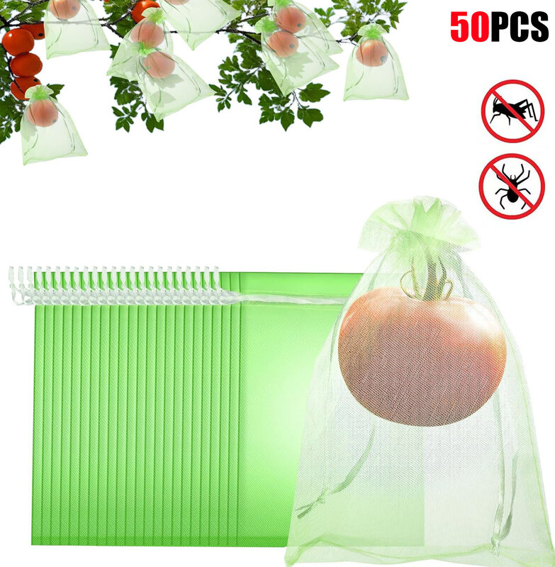 50PCS Fruit Protection Bag Green Mesh Netting Bag with Drawstring Protect From Insect Birds Squirrels Gardening Tool