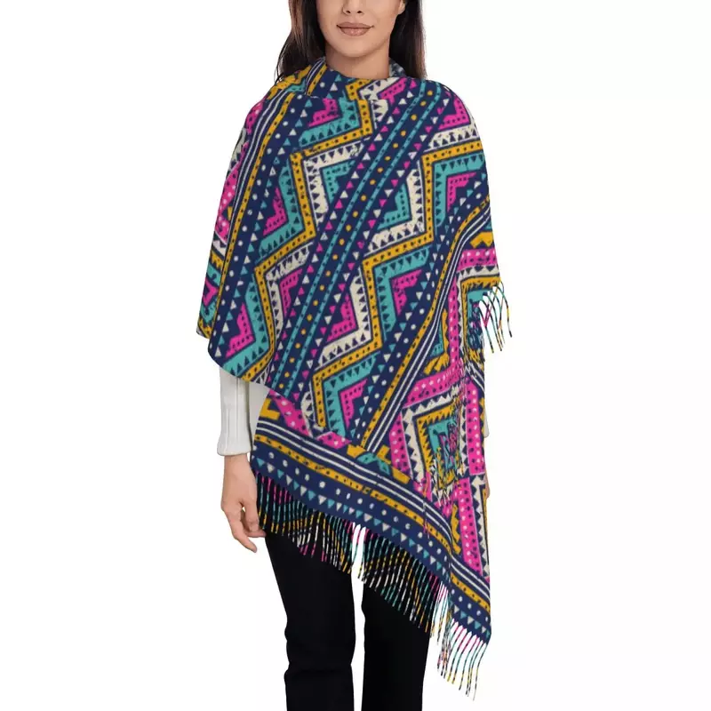 Multicolor Tribal Seamless Pattern Aztec Fancy Abstract Women's Tassel Shawl Scarf Fashion 