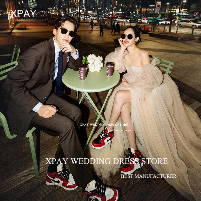 Xpay-ストラップレスのブライダルガウン,ライン,韓国のウェディングドレス,長いパフスリーブ,大きな分割,ホルター,花嫁のドレス,写真の撮影