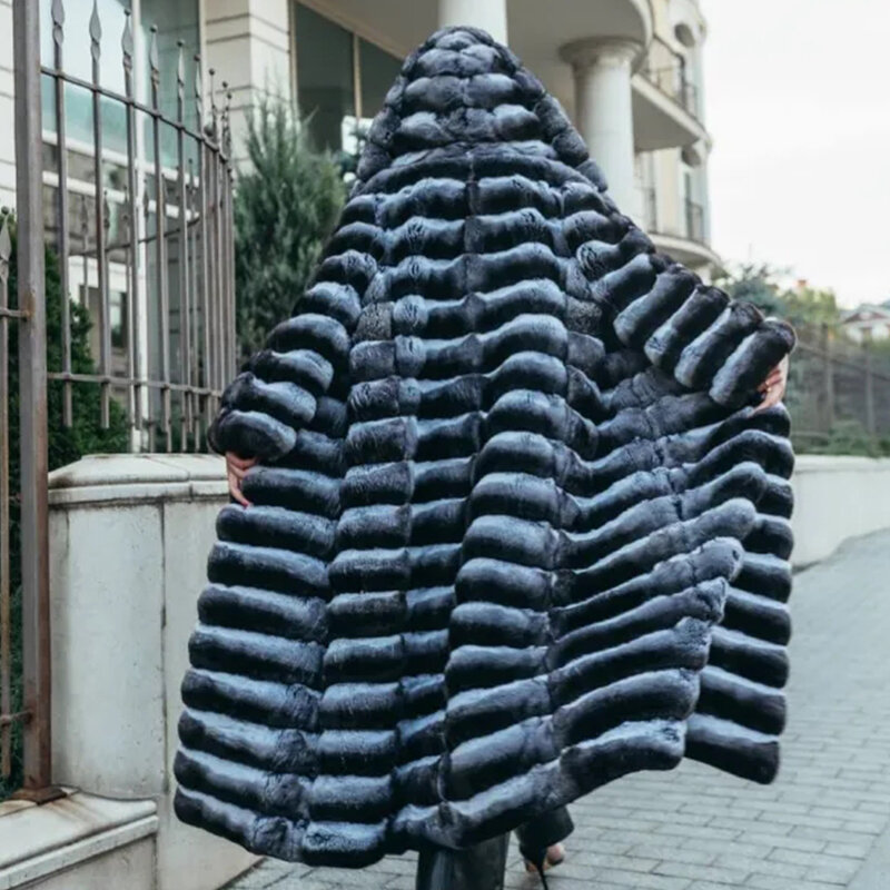 Abrigo largo de piel de conejo con capucha para mujer, chaqueta de invierno, abrigos con capucha, piel de Chinchilla Real