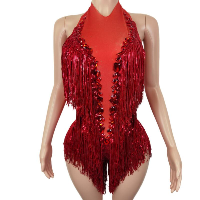 Fato de lantejoulas vermelho piscando feminino, franjas, strass, transparente, traje de comemoração de aniversário, collant dançarino, Shuye