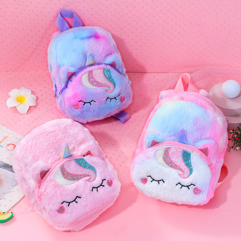 Mochila pequeña de felpa de unicornio para niñas, mochila informal para mochilas, bolsa de almacenamiento para niños de dibujos animados lindos