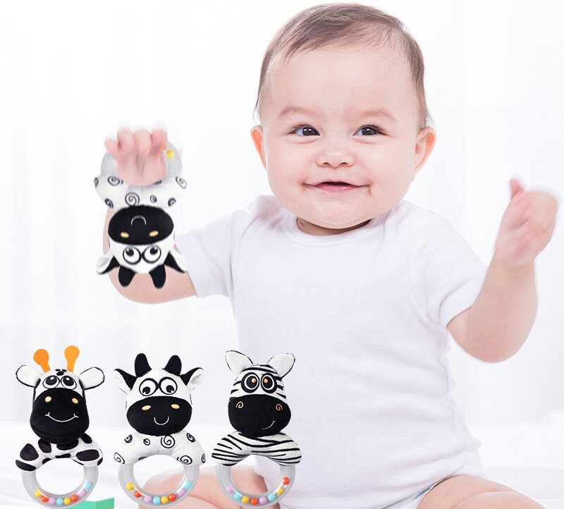 Mainan Bayi Lembut Mainan Kerincingan Hewan Boneka Lembut dengan Suara Mainan Cincin Pengocok Hitam Putih Mainan Pegangan Tangan Perkembangan 0 12 Bulan