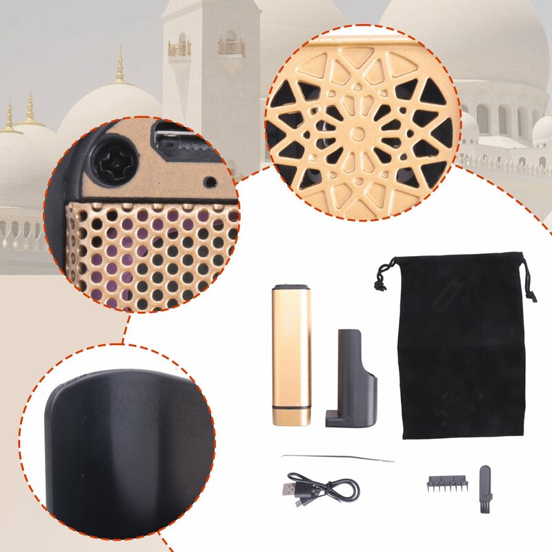 Difusor Bakhoor elétrico portátil, queimador USB, mini suporte, muçulmano, dourado