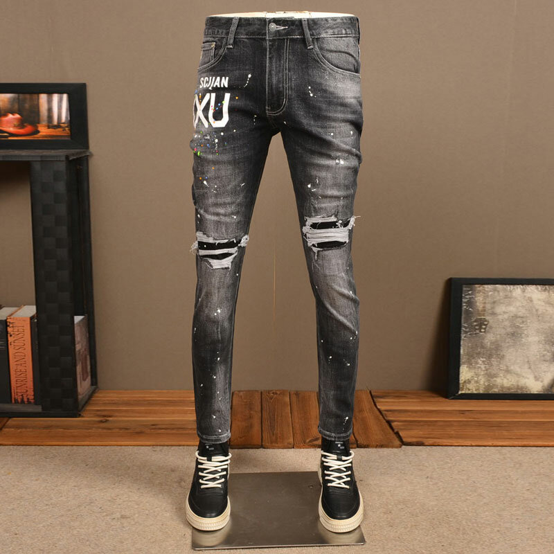 Celana Jeans pria mode jalan Retro hitam abu-abu melar Slim Fit cetak Jeans robek pria dilukis desainer Hip Hop celana Denim Hombre