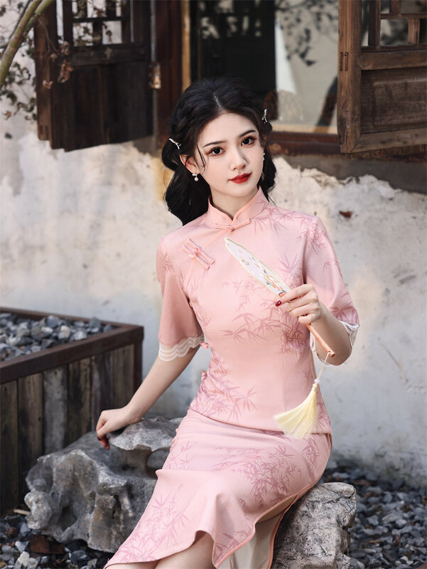 Old Shanghai Cheongsam 2024 Summer New Vintage Chinese Style Young Lady Long Evening Party Qipao Girls Daily Costum Vestidos