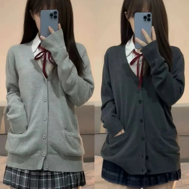 Pink Biru Hitam lucu Jk Sweater kardigan rajutan wanita asli jaket Jepang seragam perlengkapan sekolah merasa malas gaya