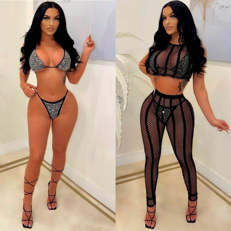 BKLD Vacation Outfits For Women Diamond Bra Shorts Bikini Set And Mesh Crop Tops Pants 4 Pieces Swimsuits Beach Wear Solid Color