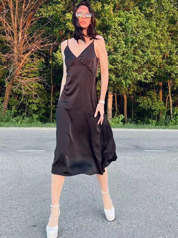 Vestido feminino preto sem encosto com cinta espaguete, cetim slim sexy, vestidos com decote em v, lindos vestidos de festa elegantes, novos