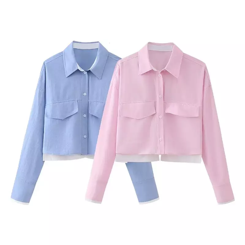 Camisa Oxford feminina curta de emenda casual, top retrô de botão de manga comprida, top único fashion, flip, novo, 2024