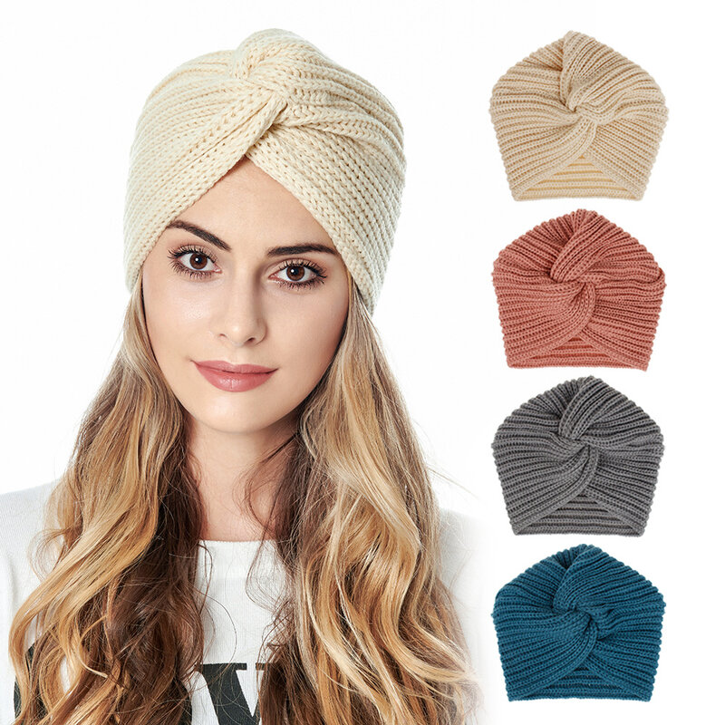 Bohemia turban cap muslim inner hijab caps cashmere cross wrap head Indian hat wool knitting hijab bonnet turbante ready to wear