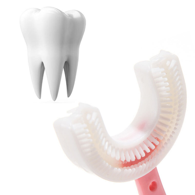 แปรงสีฟันซิลิโคนสำหรับเด็กฟันรูปตัวยู360องศาสำหรับเด็กฟันทำความสะอาดช่องปาก