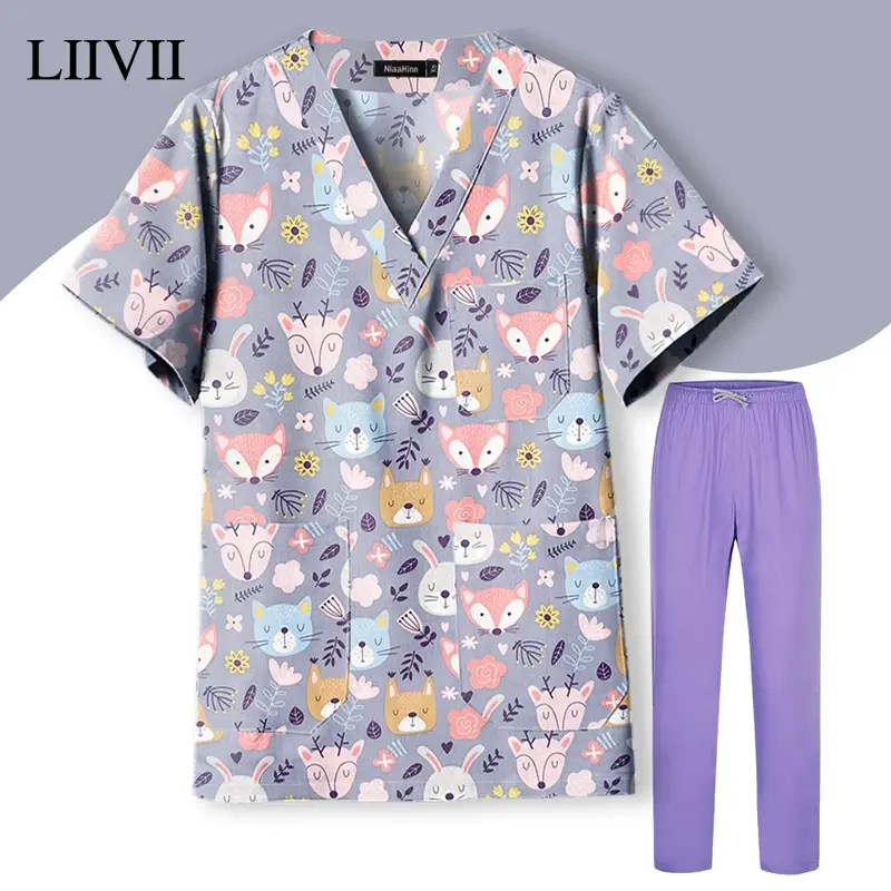 Пылезащитная одежда для зоомагазина унисекс, блузка с рисунком животных, медицинская униформа, рабочая одежда для медсестер и врачей, спа-рубашки