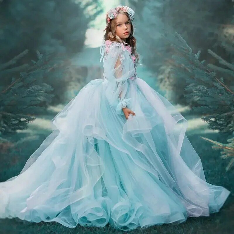 Formalna dziewczęca sukienka w kwiaty z aplikacjami warstwowa długa sukienka z rękawem księżniczka dziewczynka przyjęcie urodzinowe pierwsza komunia suknia ślubna