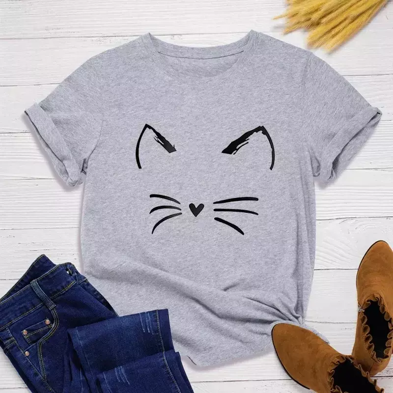 2024 New Love Peach Cats Simple Printing T-shirt Womens Summer Casual Short Sleeve Fashion GraphicTops Odzież damska 4 kolory