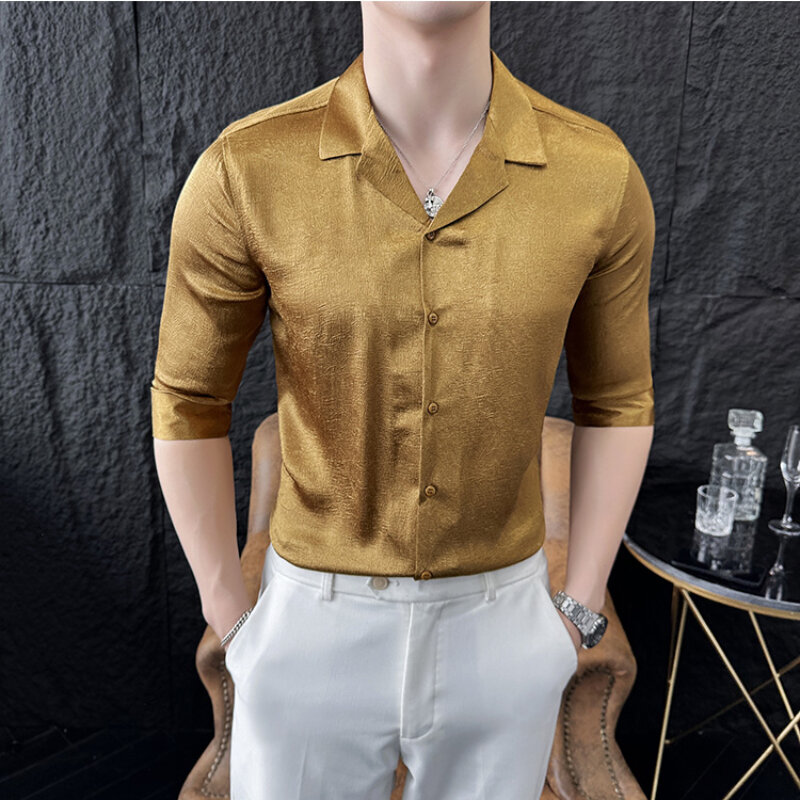 قميص رجالي ضيق أحادي اللون ، قمصان أعمال ، ياقة بدلة ، نصف أكمام ، قماش ناعم ، علامة تجارية عالية الجودة ، 4XL-M