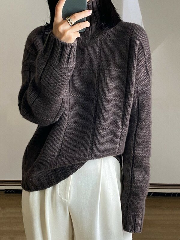 Camisola de cashmere grossa de gola alta feminina solta estilo coreano preguiçoso outono inverno nova lã de malha camisola de gola alta pulôver feminino